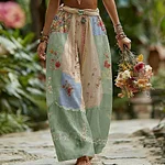 Women's Rose Floral Patchwork Casual Resort Linen Blend Pants - Image 7