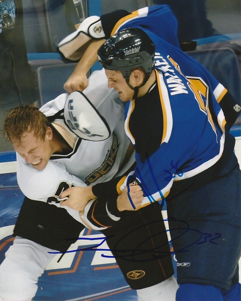 TRAVIS MOEN & MATT WALKER SIGNED HOCKEY FIGHT 8x10 Photo Poster painting! DUCKS BLUES Autograph