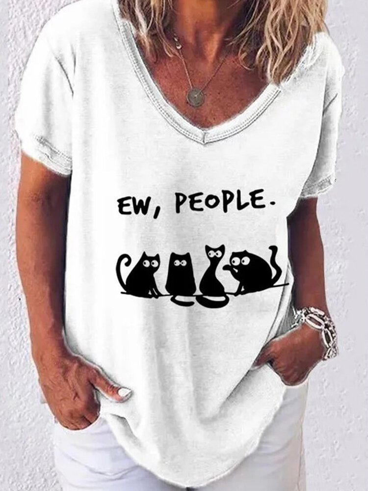 Cartoon Cat Printed Short Sleeve V neck T shirt For Women P1707489