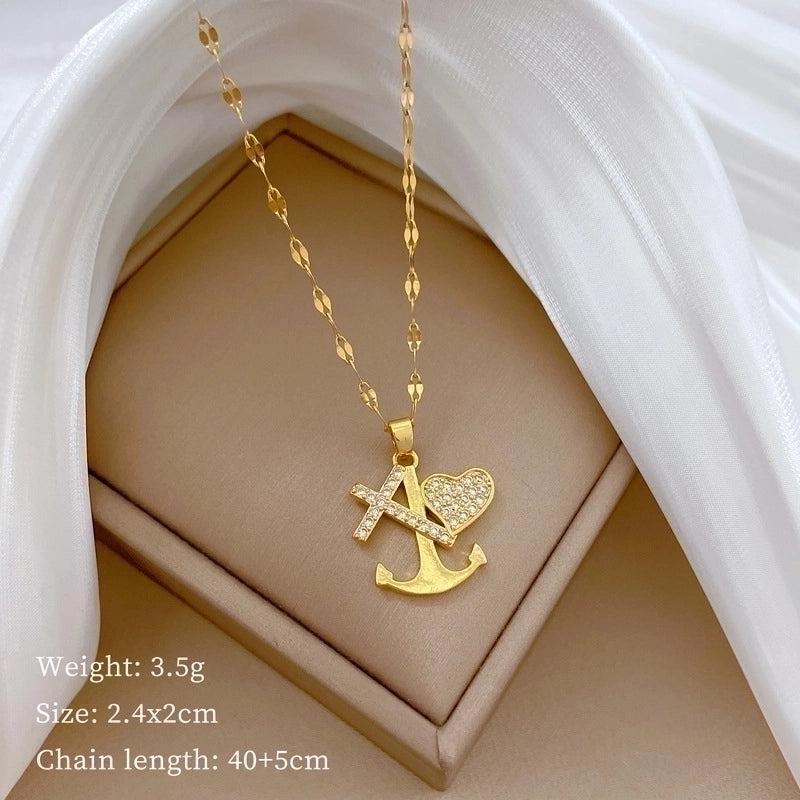 Titanium Steel Copper Streetwear Inlay Cross Anchor Artificial Gemstones Pendant Necklace