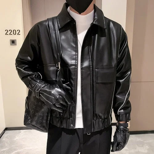 Inongge New Autumn Winter Leather Jacket Men Fashion Brand Parker Leather Jacket Male Pure Color Casual Fashion PU Leather Coat 3XL