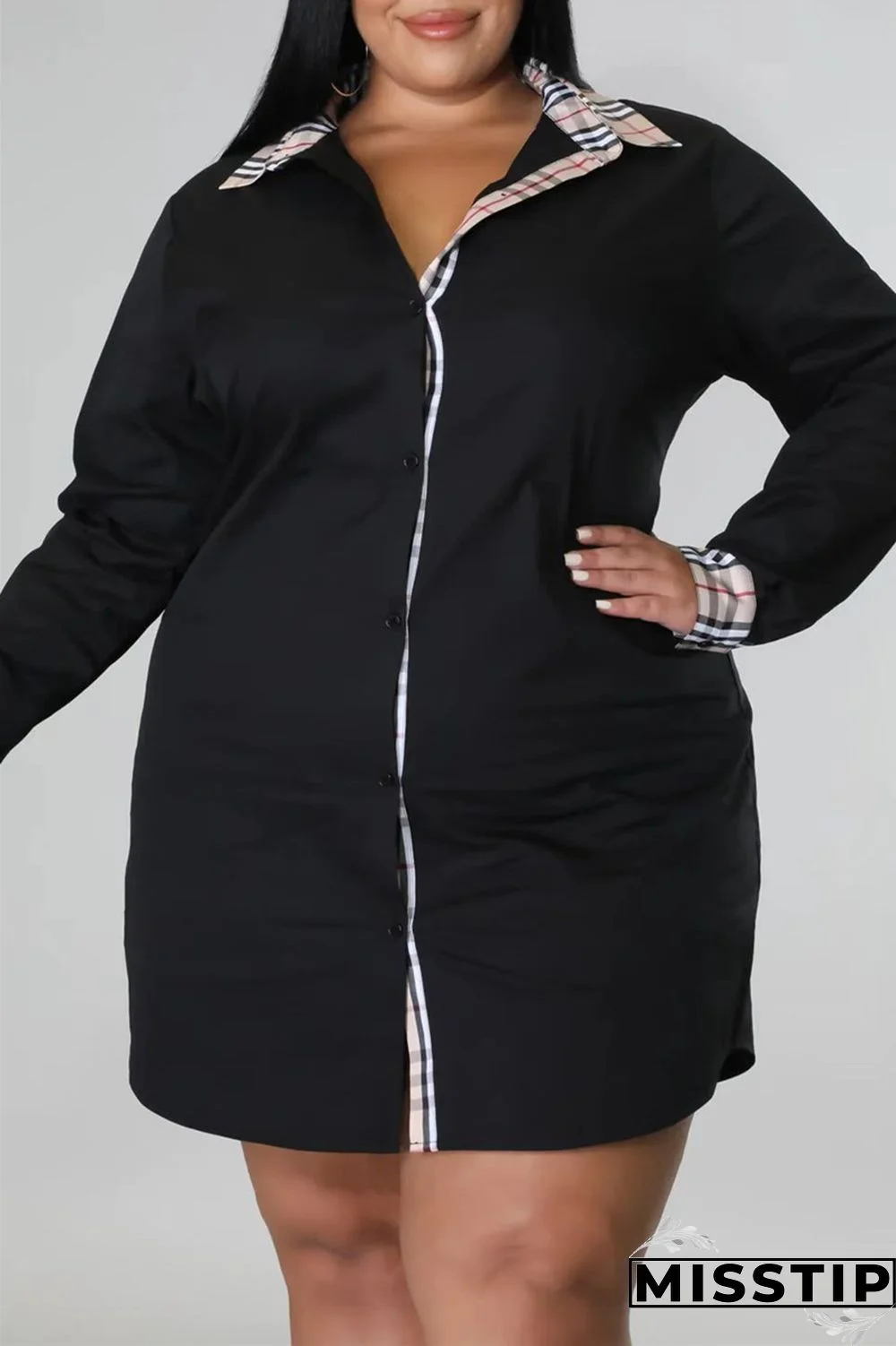 Khaki Fashion Casual Plus Size Print Patchwork Turndown Collar Shirt Dress