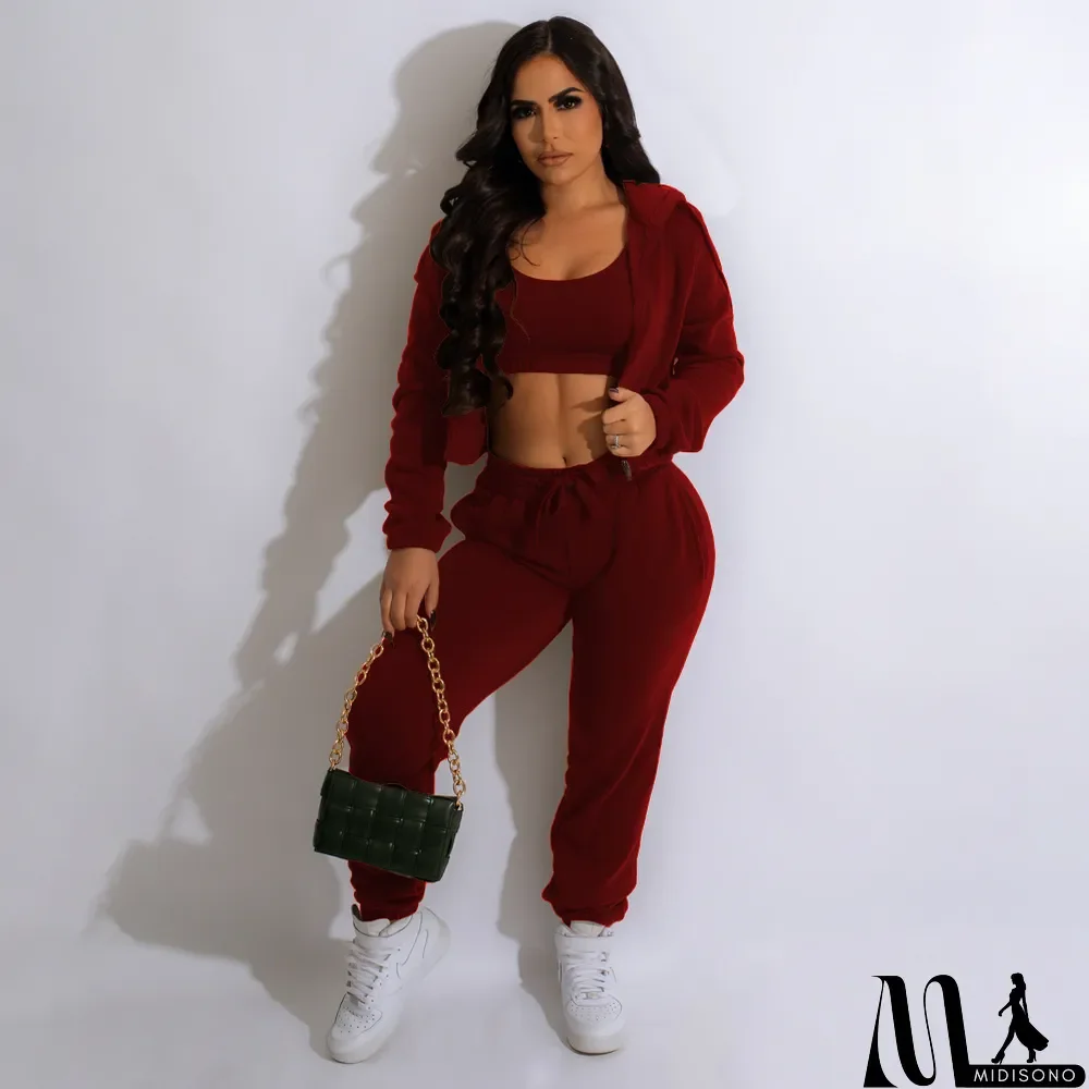 MidiSono - Plush Solid Tank Tops+Hooed Zipper Coat+Pants Sports Three Piece Set