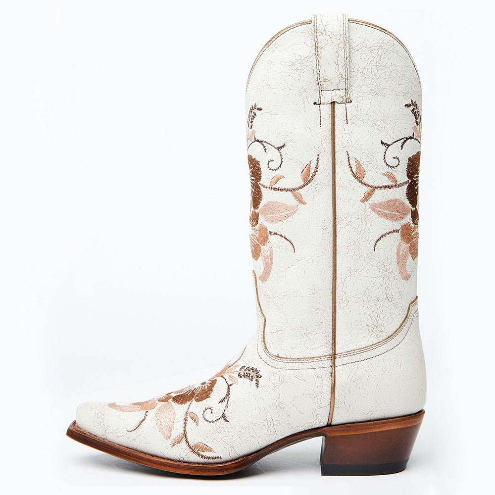 White Snip Toe Floral Chunky Heel Mid-Calf Western Boots for Women