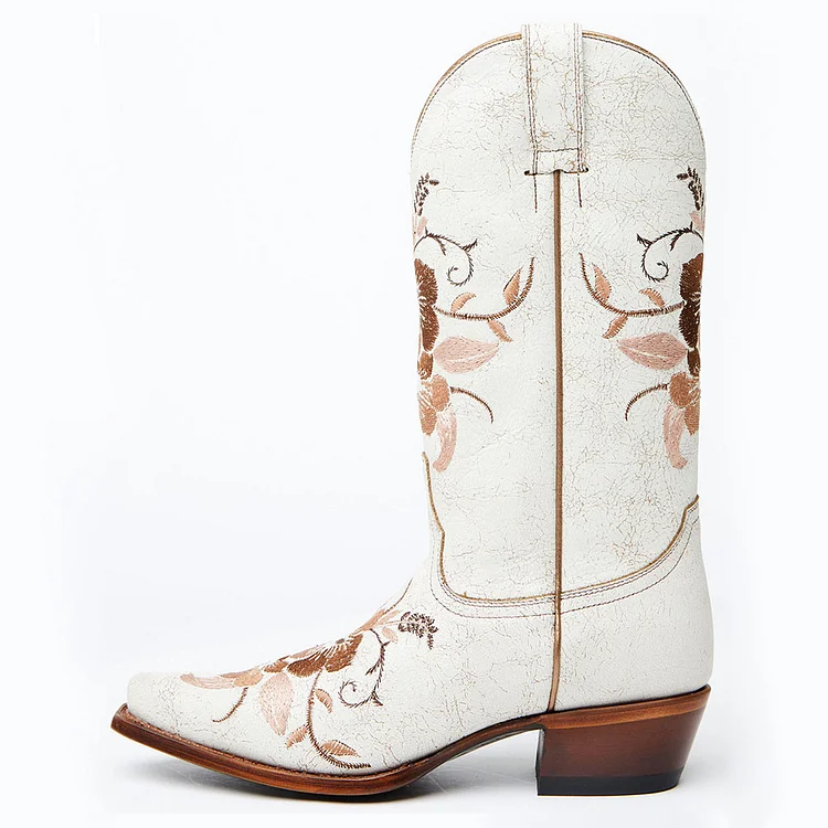 White Snip Toe Floral Chunky Heel Mid-Calf Western Boots for Women |FSJ Shoes
