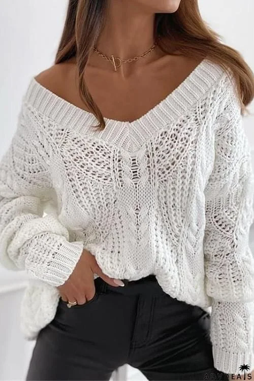 Hollow V Neck Loose Sweater