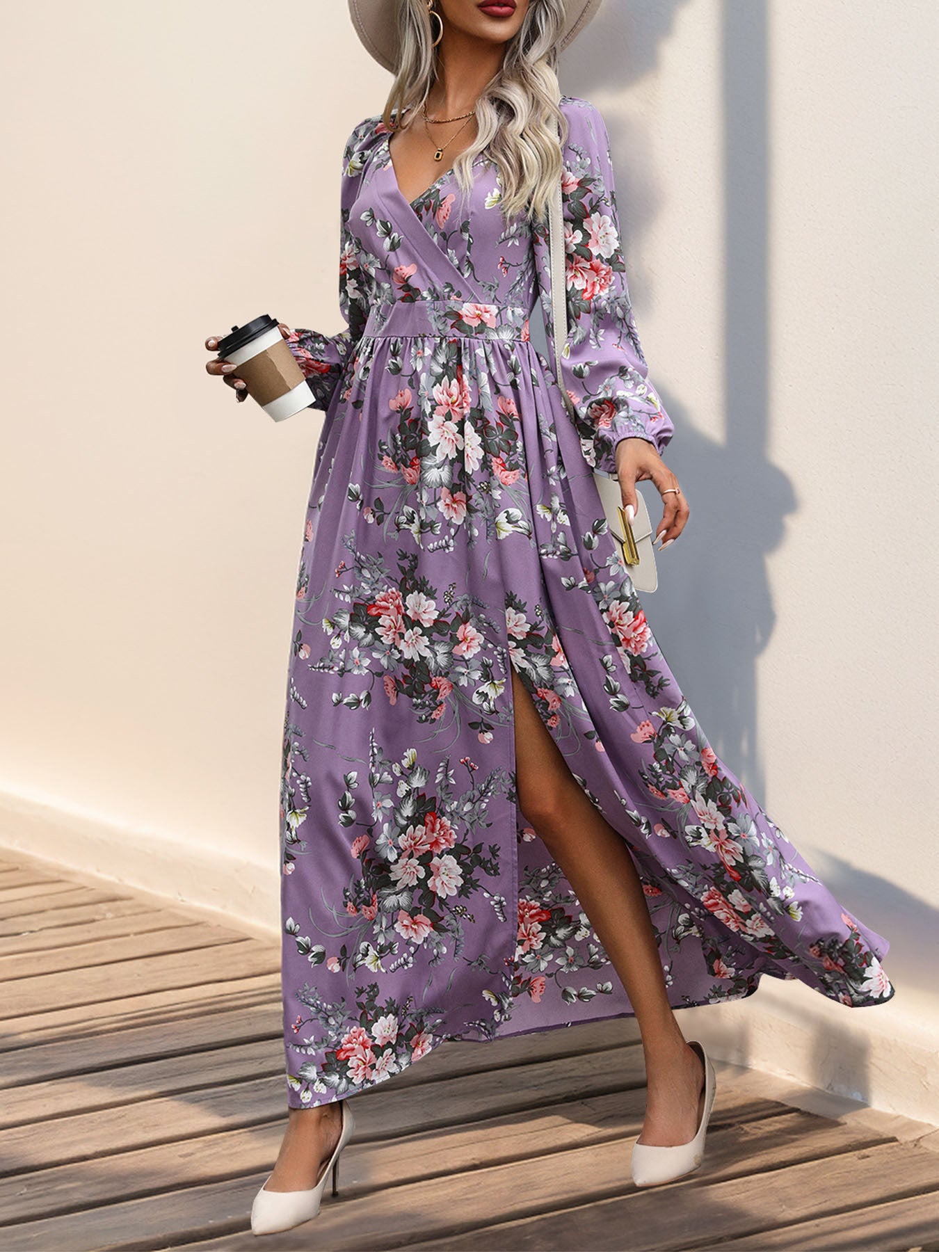 Women's Long Sleeve V-neck Floral Printed Slit Midi Dress