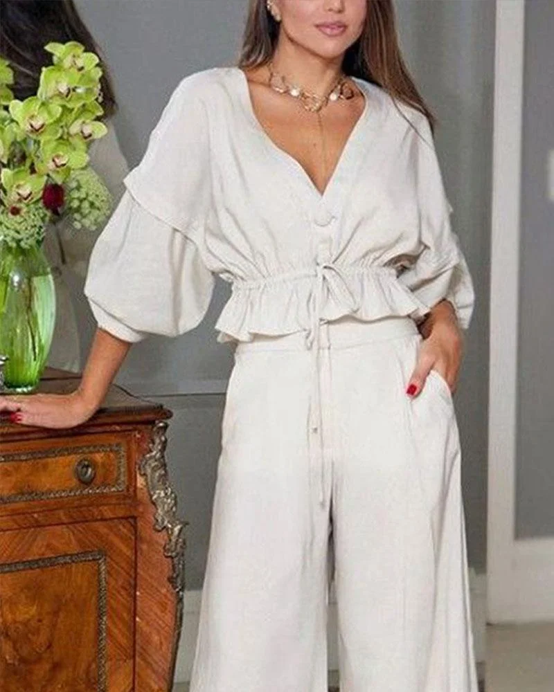 Design Sense Bubble Sleeve Top Trousers Solid Color Suit