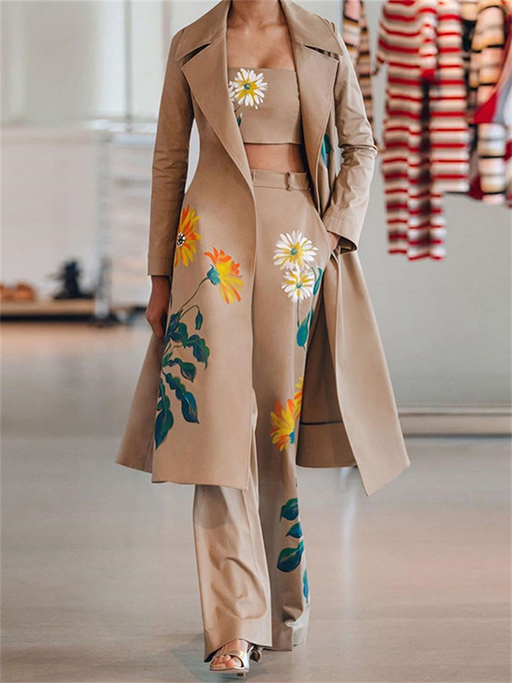 Women's Fall and Winter Temperament Elegant Commuter Long Printed Trench Coat Pants Jacket Suit Female Three-piece Set