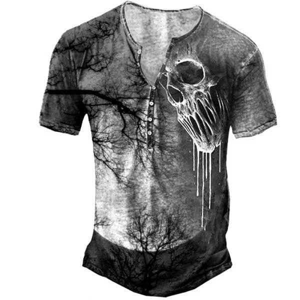Skull Print Mens Henry Short Sleeve T-Shirt