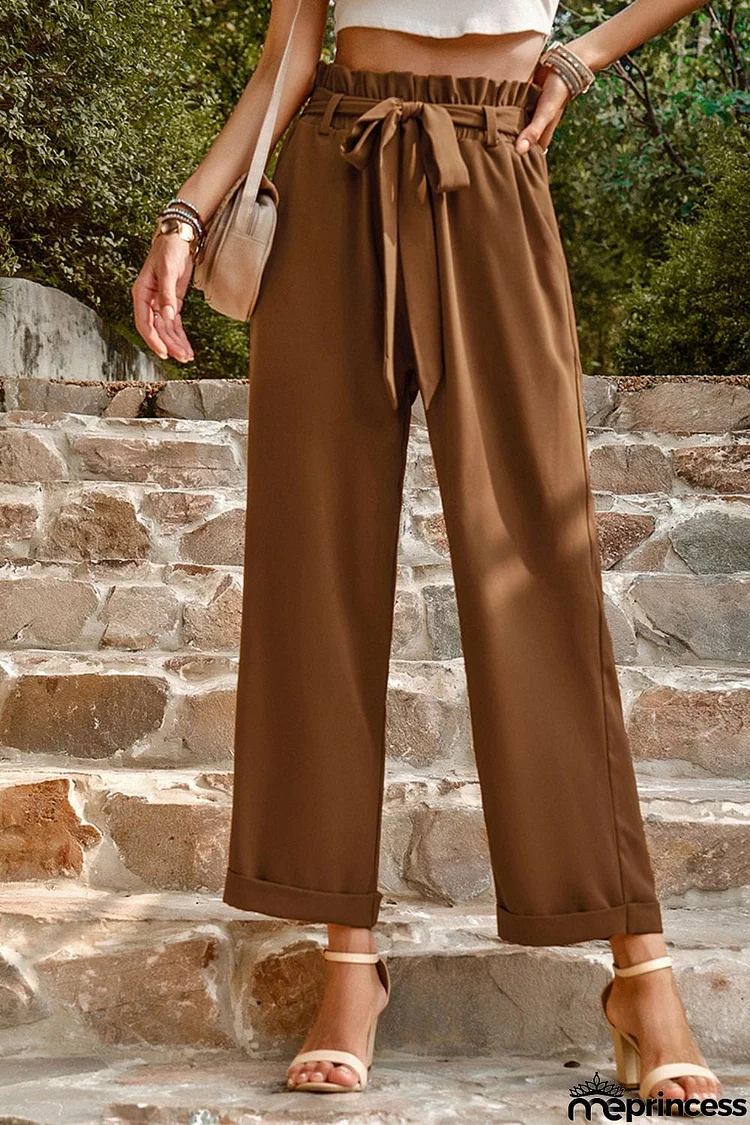 Tie Belt Paperbag Waist Straight Leg Pants