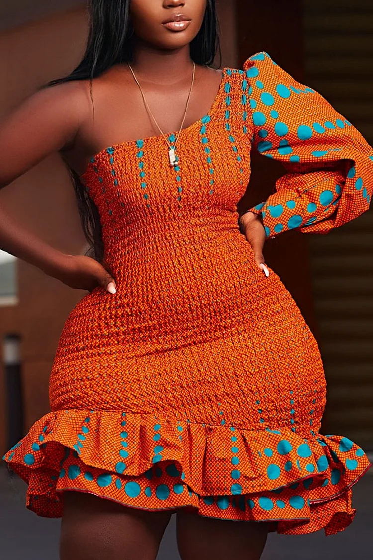 Plus Size Orange Daily Ankara African Print One Shoulder Ruffle Smocking Mini Dresses [Pre-Order]