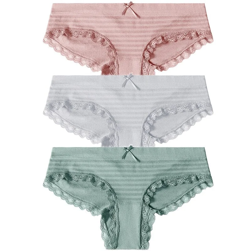 FINETOO 3PCS/Set Lace Cotton Panties Women Sexy Bow Briefs Soft Lingerie Female Briefs Panty Women's Underpants M-3XL