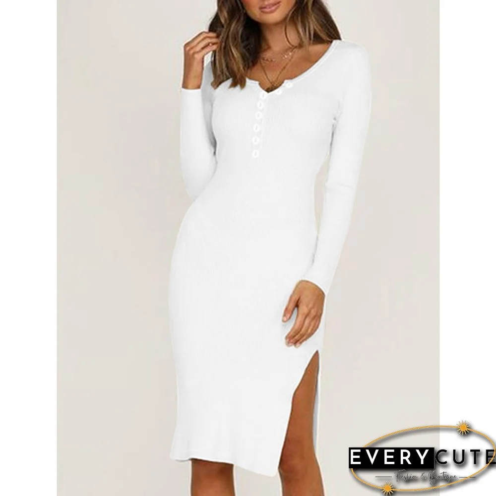 White Button-up Rib Split Long Sleeve Dress