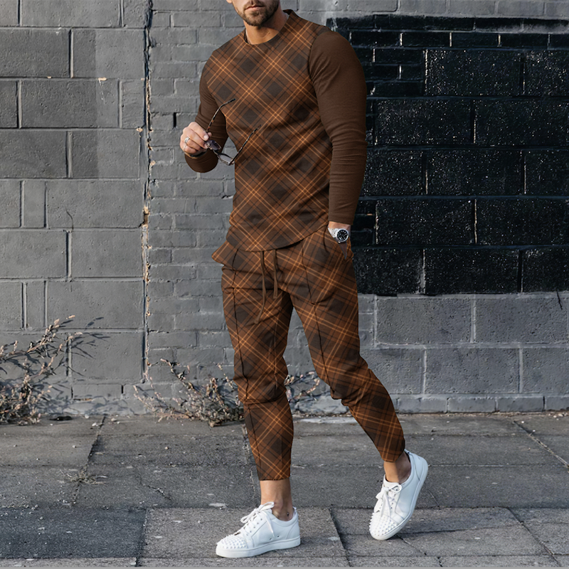 Men's Dark Check Long Sleeve T-Shirt  And Pants Two Piece Set