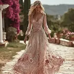 Boho Pink Roses Embroidered Glitter Flowy Linen Maxi Dress - Image 2