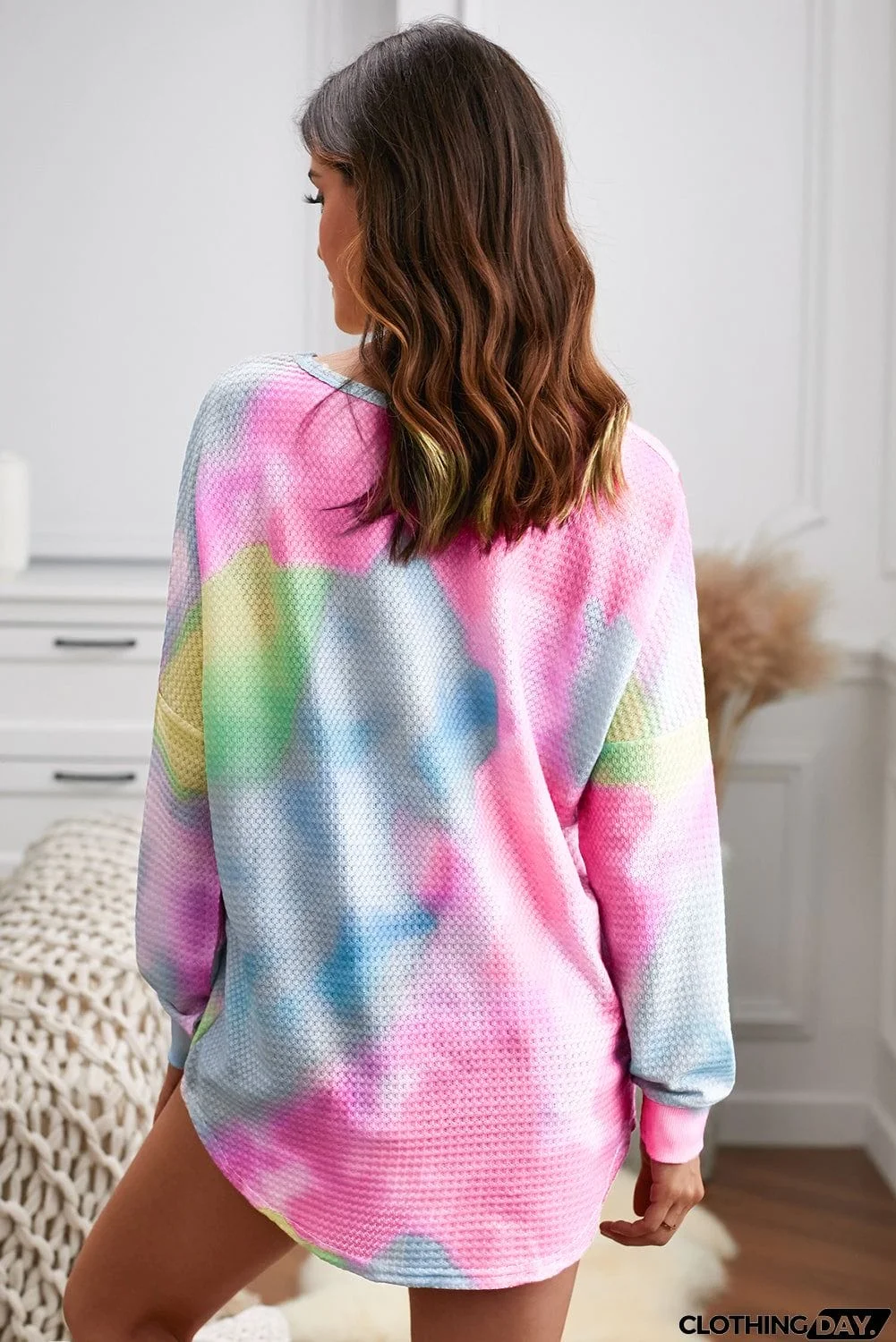 Womens Sky Blue V Neck Tie-Dyed Knitted Long Sleeve Top