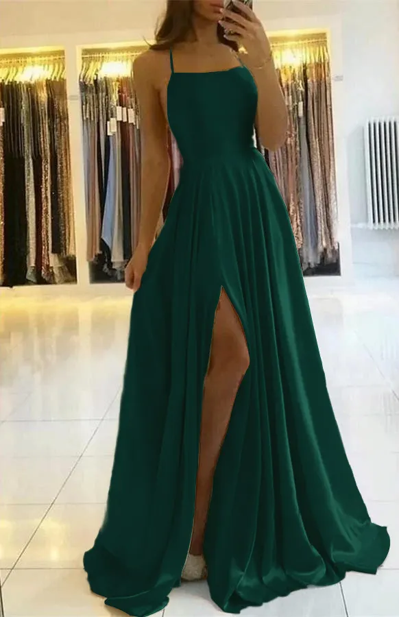 Gorgeous White Spaghetti Strap Side Slit Appliques Prom Dress