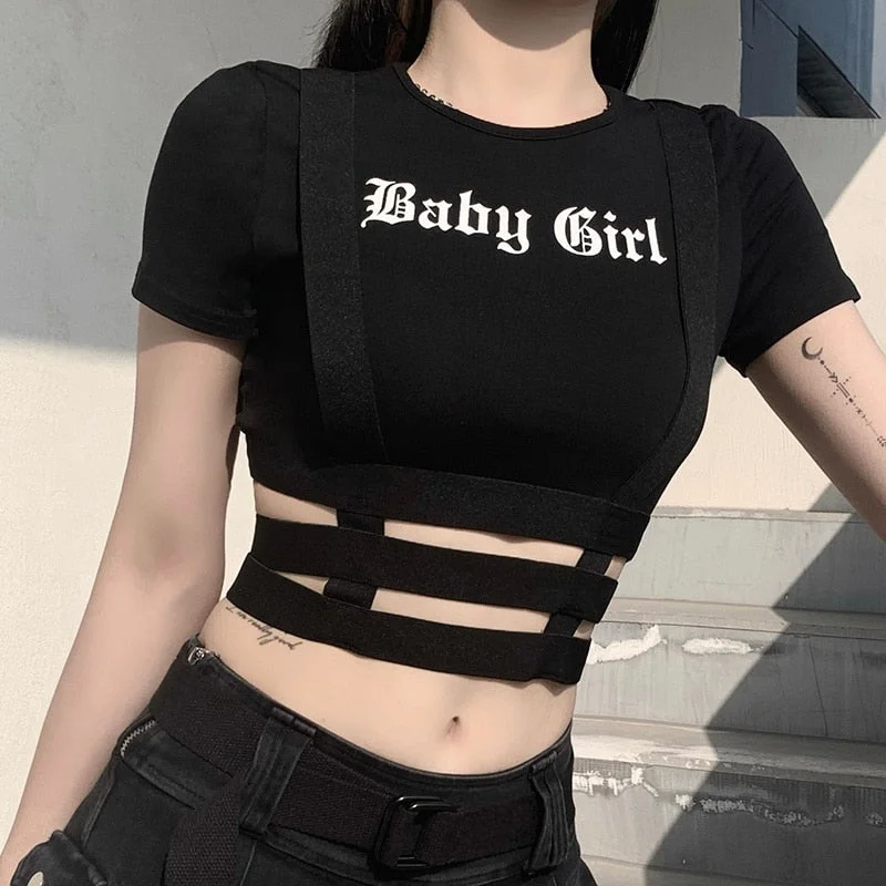 InsGoth Streetwear Punk Hollow Out Black T Shirt Harajuku Goth Letter Print Bodycon Short Sleeve Top Women Sexy Basic Crop Tops
