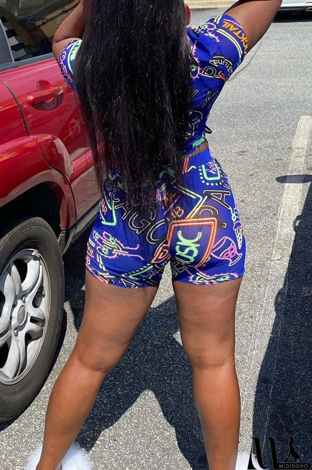 MidiSono - Blue Casual Print Draw String Turtleneck Short Sleeve Two Pieces