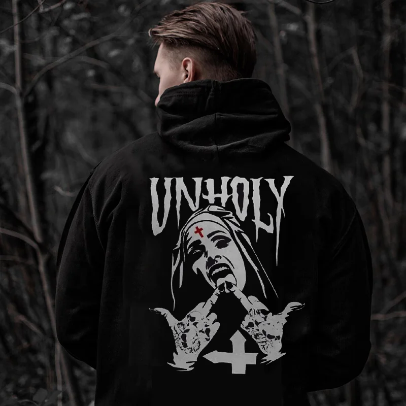 UNHOLY Nun Graphic Casual Black Print Hoodie