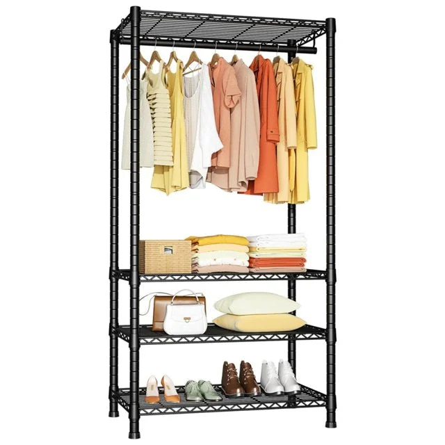 Heavy Duty Clothes Rack, Freestanding 4 Tiers Wire Garment Rack for Hanging Clothes with Shelves, Closet Organizers and Storage Metal Closet Wardrobe System, Max Load 400 LBS, Black