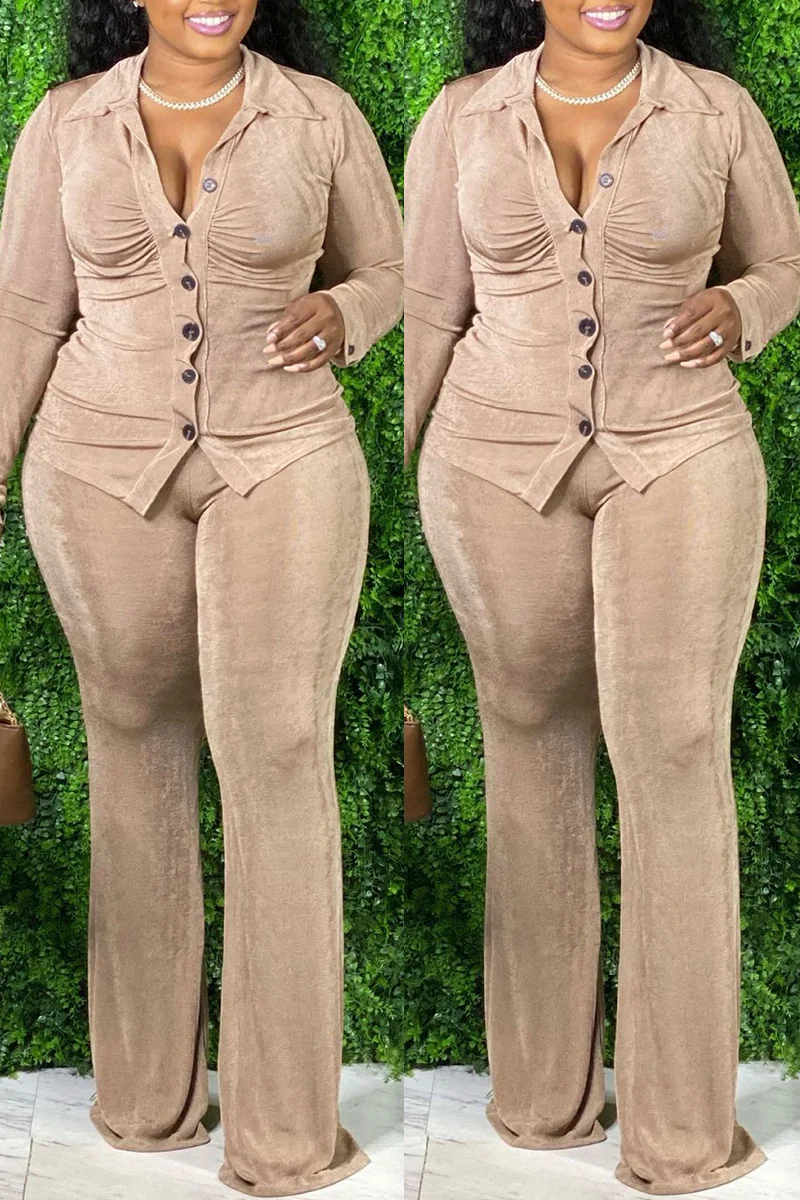 Khaki Fashion Casual Solid Basic Turndown Collar Plus Size Two Pieces | EGEMISS