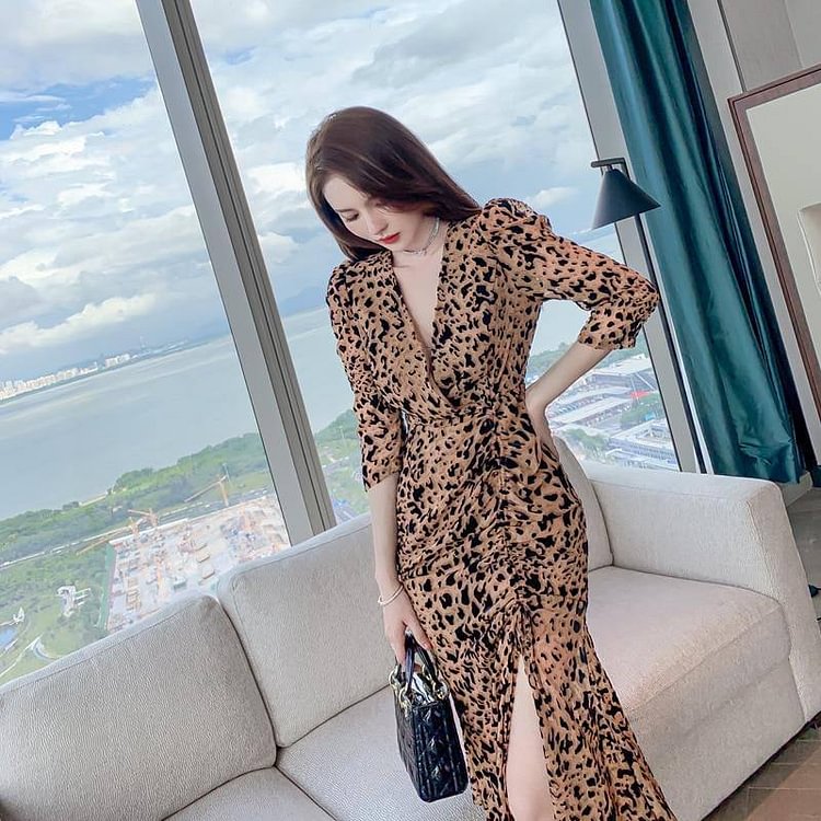 New Spring Autumn Woman Clothes Leopard Dress Long Sleeve V-neck Split Dresses Fashion For Women Fall Women's Clothing