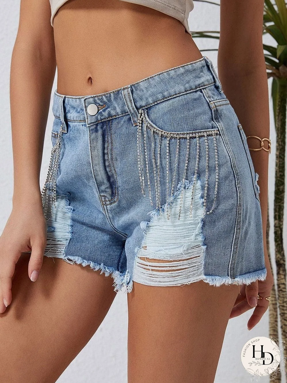 Unique Rhinestone Tassel Denim Shorts