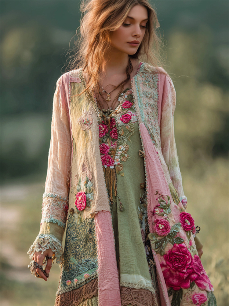 Vintage Boho Rózsaszín Rózsaszín Hímzett Virágmintás Patchwork Len Hosszú Kardigán