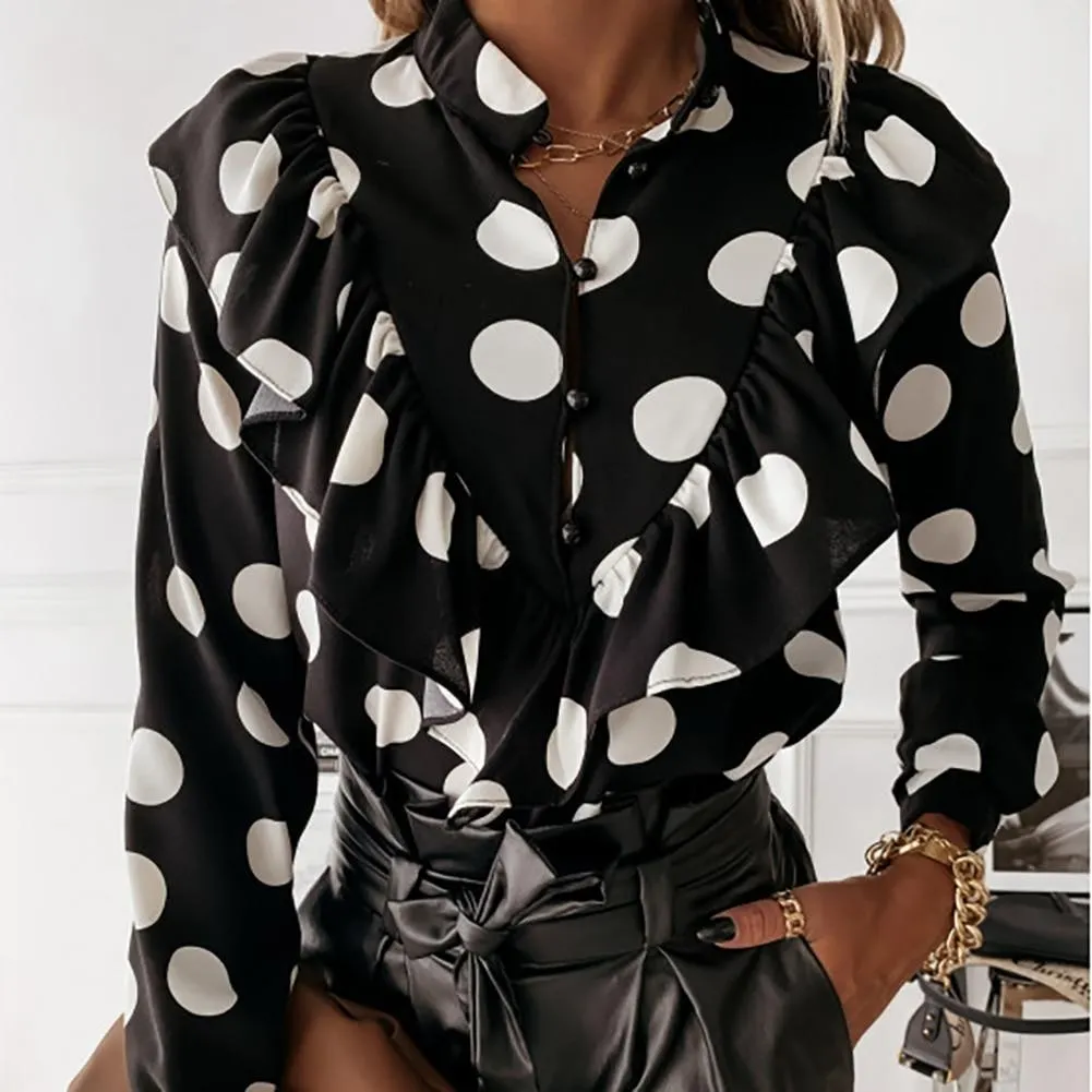 Women New Fashion Elegant V Neck Ruffle Dot Print Long Sleeve Blouse Office Pullover Shirt Office Blouse Slim Casual Top S-3XL