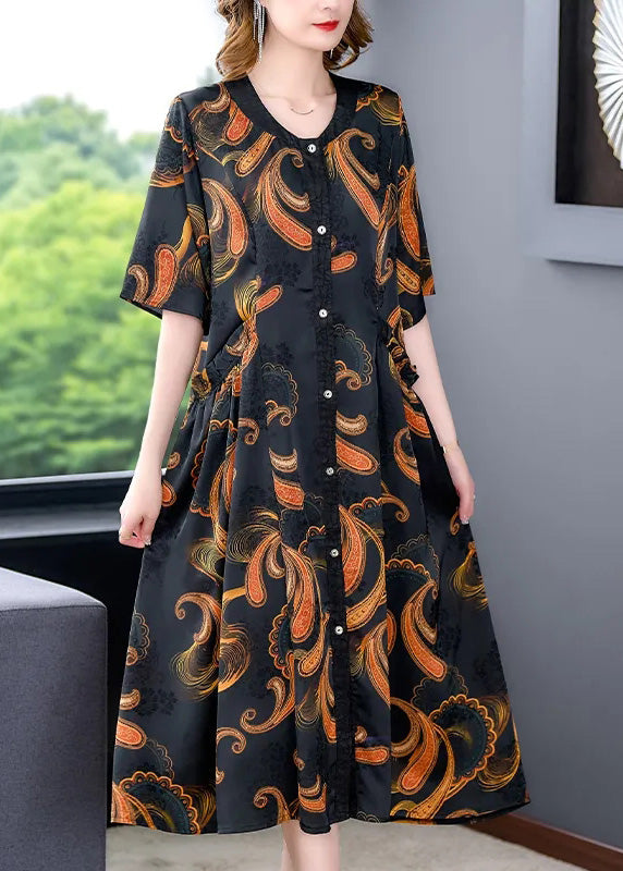 VCSHOES V Neck Print Button Silk Maxi Shirts Dresses Summer