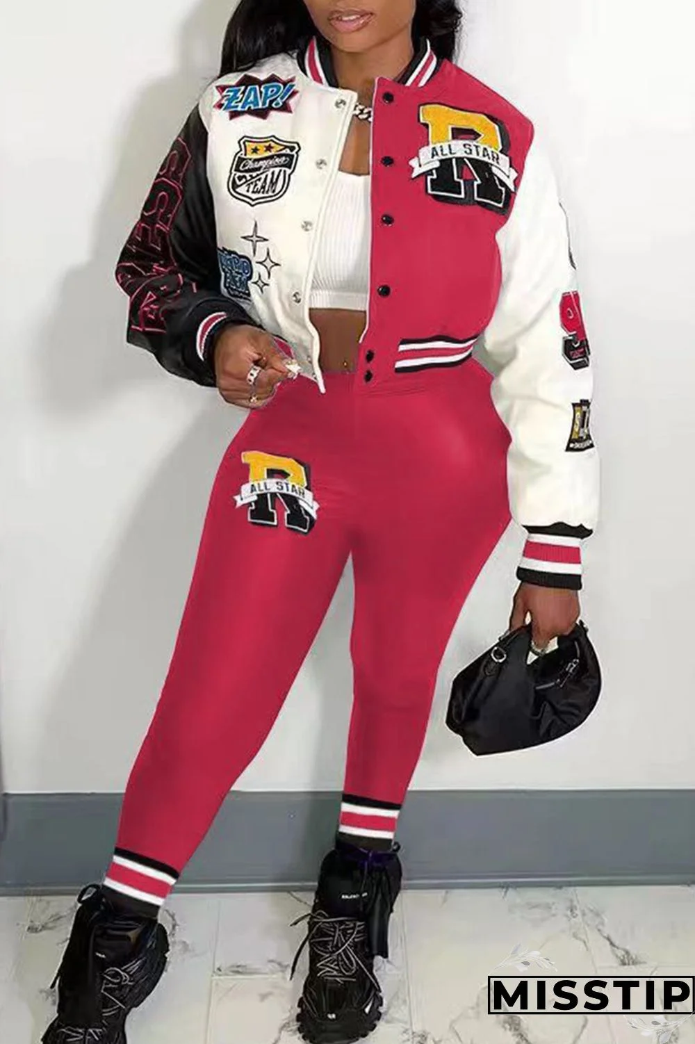 Green Casual Letter Print Patchwork Cardigan O Neck Long Sleeve Two Pieces