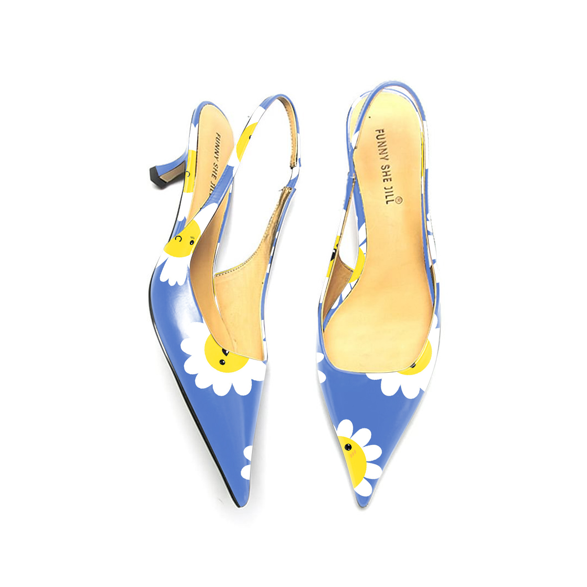 Blue Kitten Heel Pointed Toe Slingback Pumps Shoes with Daisy Pattern Nicepairs