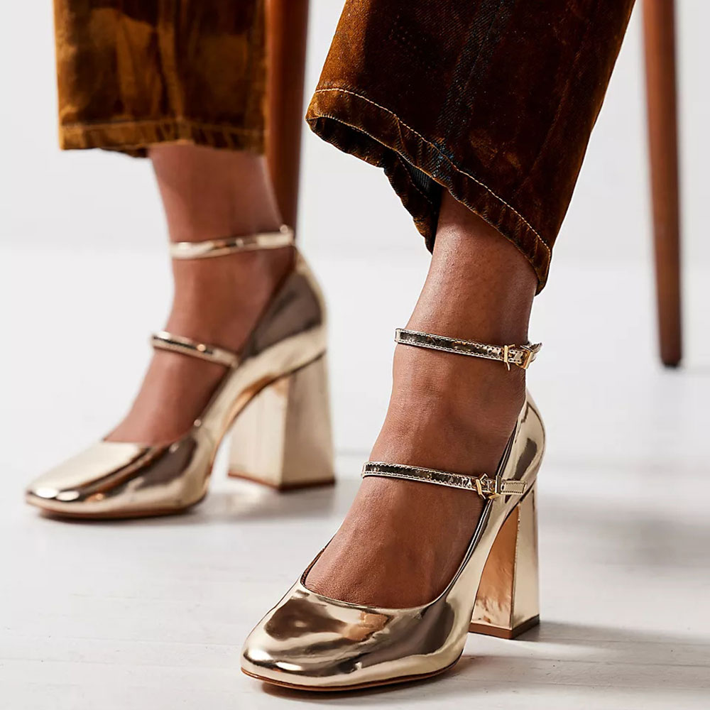 Gold Metallic Dual Buckle Ankle Strap Chunky Heel Mary Jane Shoes Nicepairs