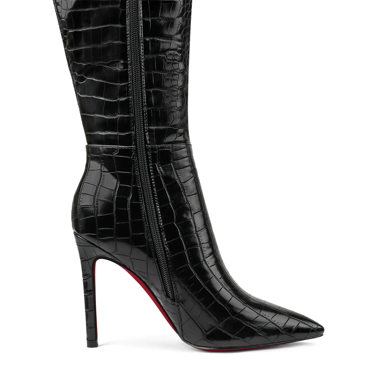 100mm Fashion Zipper Leather Red Bottoms High Heels Knee Boots-vocosishoes