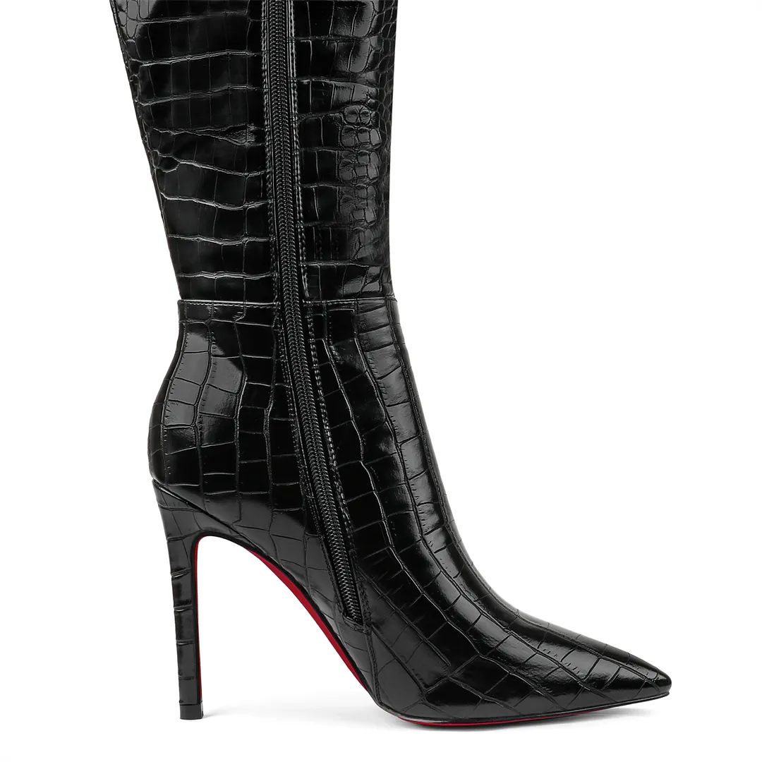 100mm Fashion Zipper Leather Red Bottoms High Heels Knee Boots-vocosishoes