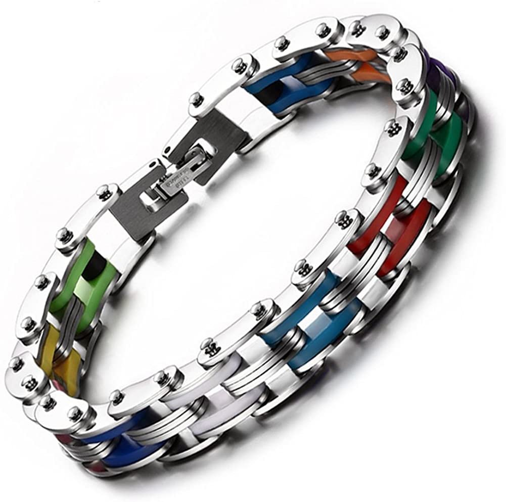 JAJAFOOK Men's Rainbow Silicone Stainless Steel Bike Chain Bracelet,Polish Finished,Length 205mm