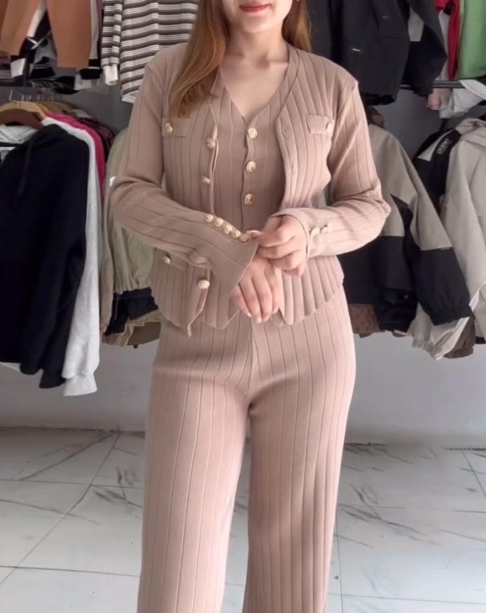 Gamezplane fall casual outfits women 2025 3 PCS Outfits Women's Trousers Sets V Neck Long Sleeve Knit Coat with Metal Button Detail Tank Top Casual Long Pants Knit Sets