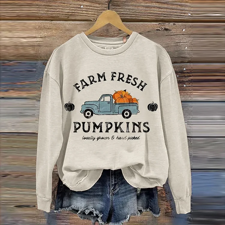 Comstylish Women's Farm Fresh Print Casual Long Sleeve Sweatshirt