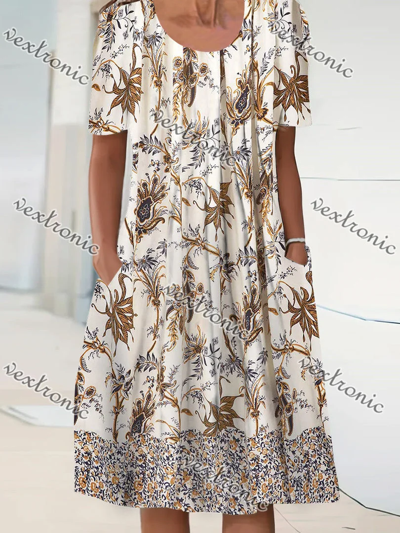 Women's Short Sleeve Scoop Neck Floral Printed Graphic Midi Dress