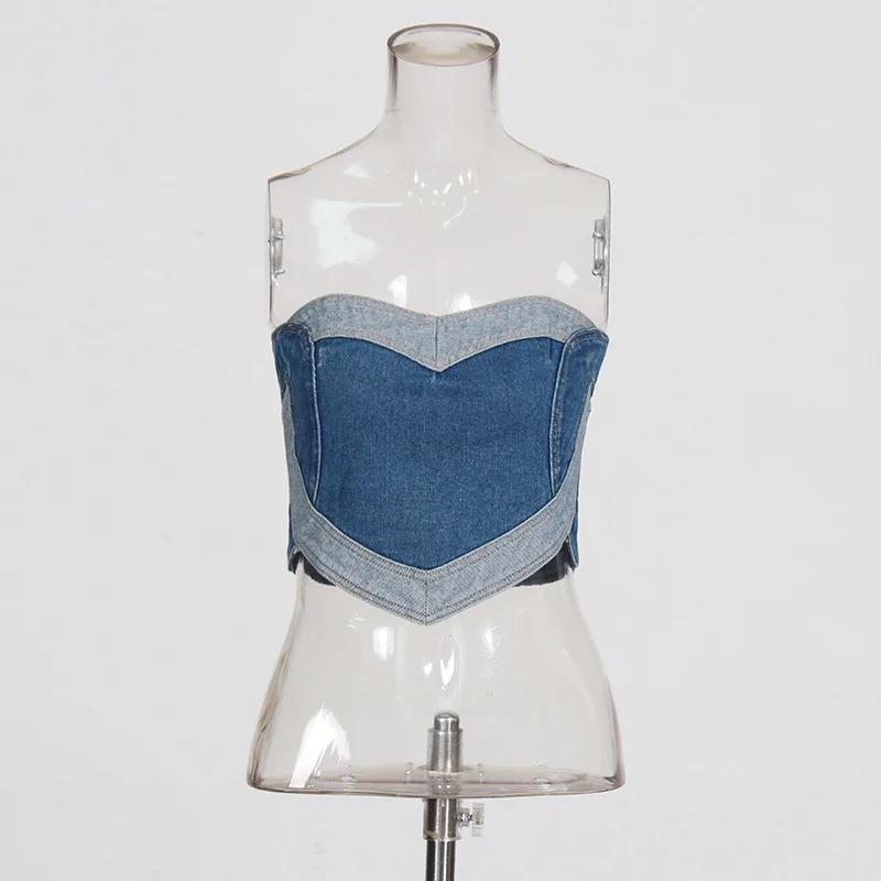 Zingj Sexy Babes Denim Top 2025 Summer New Retro Water Wash Love Splicing Body Repair Bra Vest Woman