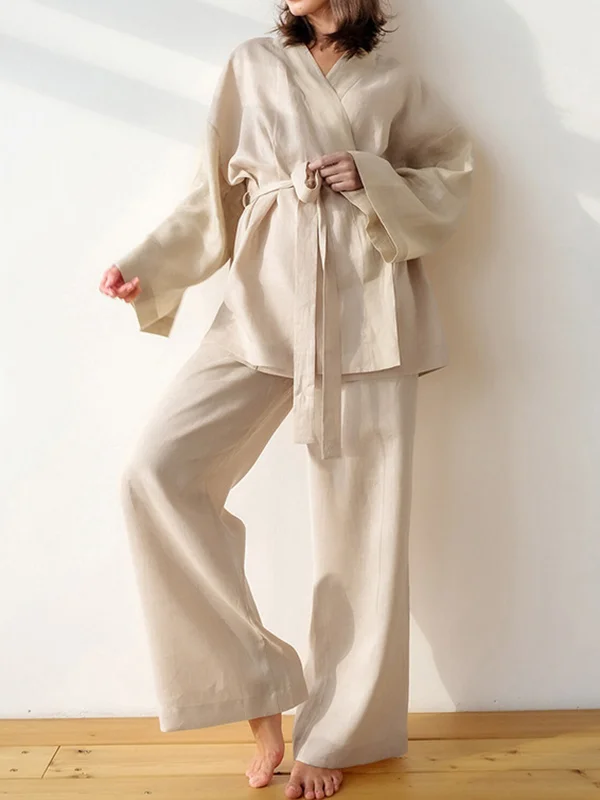 Roomy Breathable Flexible Pure Color V-Neck Robes + Pajama Bottom Two Pieces Pajama Set