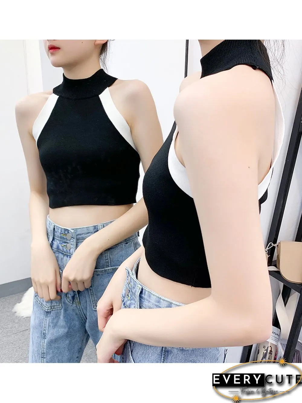 Heliar Womens Y2K Round-neck Patchwork Cute Off Shoulder Cropped Tops Knitted Tank