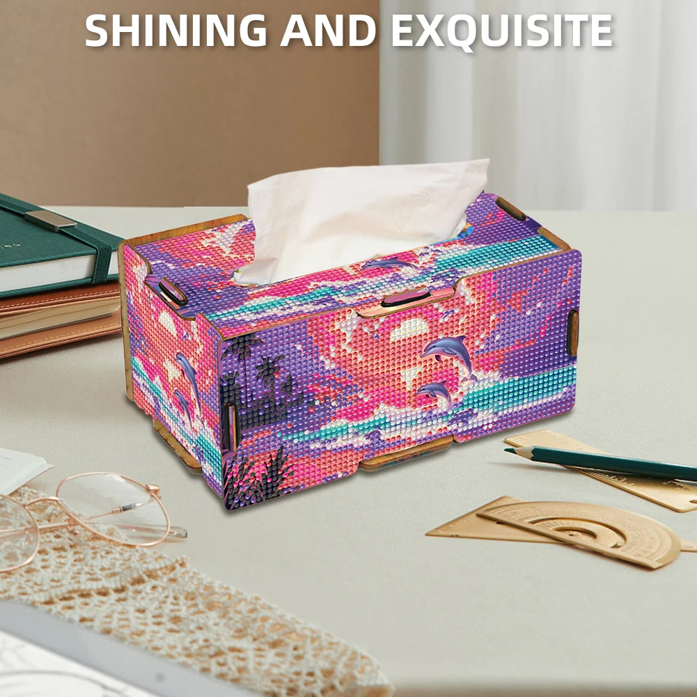 Diamond Painting Tissue Box Kits Rhinestone Craft Kit (Pink Sunset Dolphin)