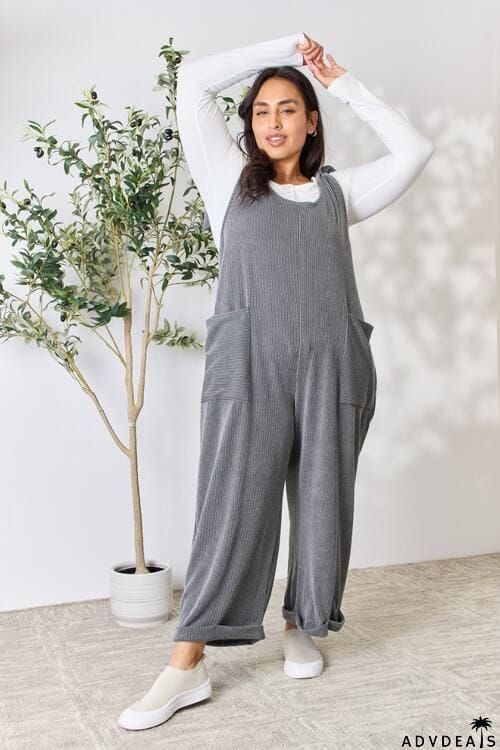 Celeste Full Size Ribbed Tie Shoulder Sleeveless Ankle Overalls