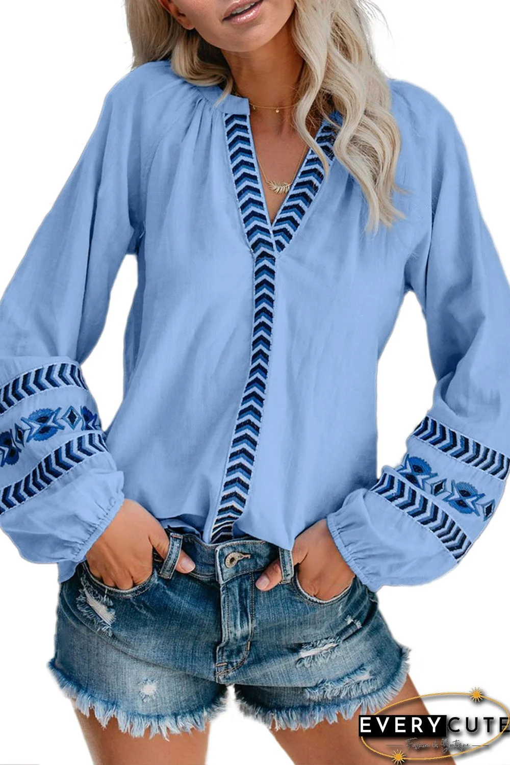 Sky Blue Istanbul Cotton Embroidered Peasant Blouse