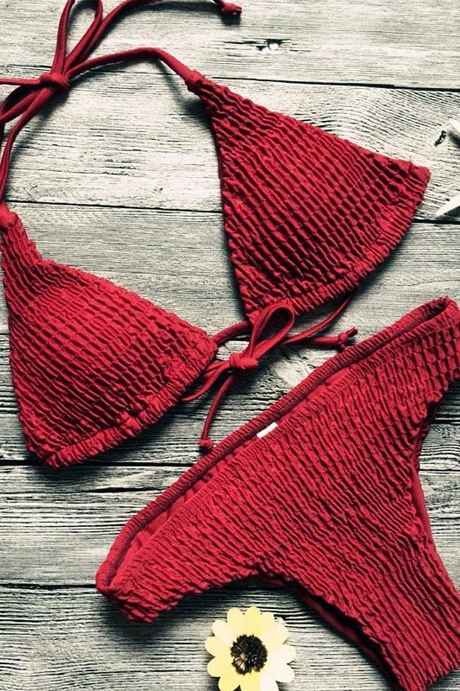 Burgundy Triangle Smocked High Cut Cheeky Thong Sexy Bikini Swimsuit-elleschic