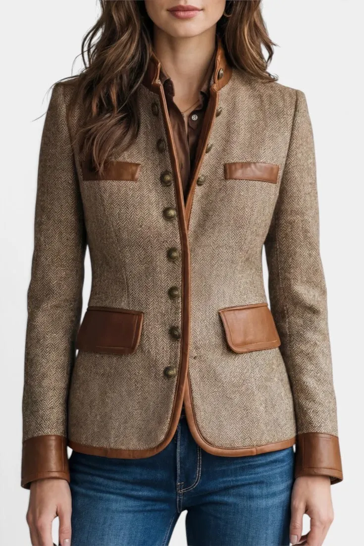 Structured Herringbone Jacket with Leather Accents