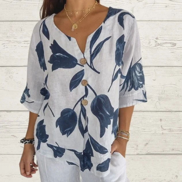 2024 Floral Cotton Linen Blouse
